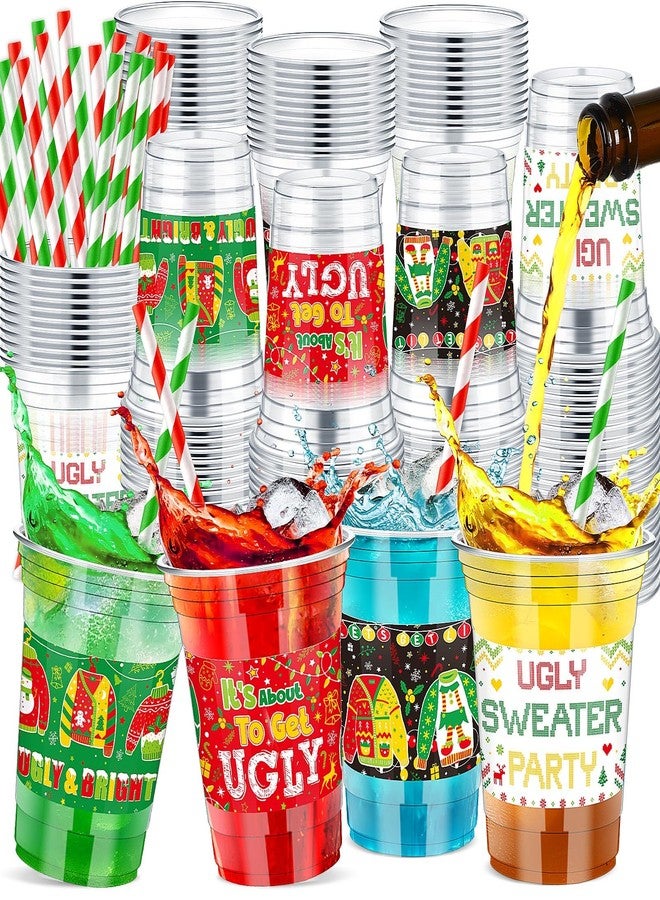 Jingmore 100 Pcs 12 oz Christmas Ugly Sweater Plastic Cups with Straws Christmas Disposable Plastic Cups Winter Xmas Holiday Party Cup Bulk for Merry Christmas Party Supplies Xmas Party Decorations - Image 1
